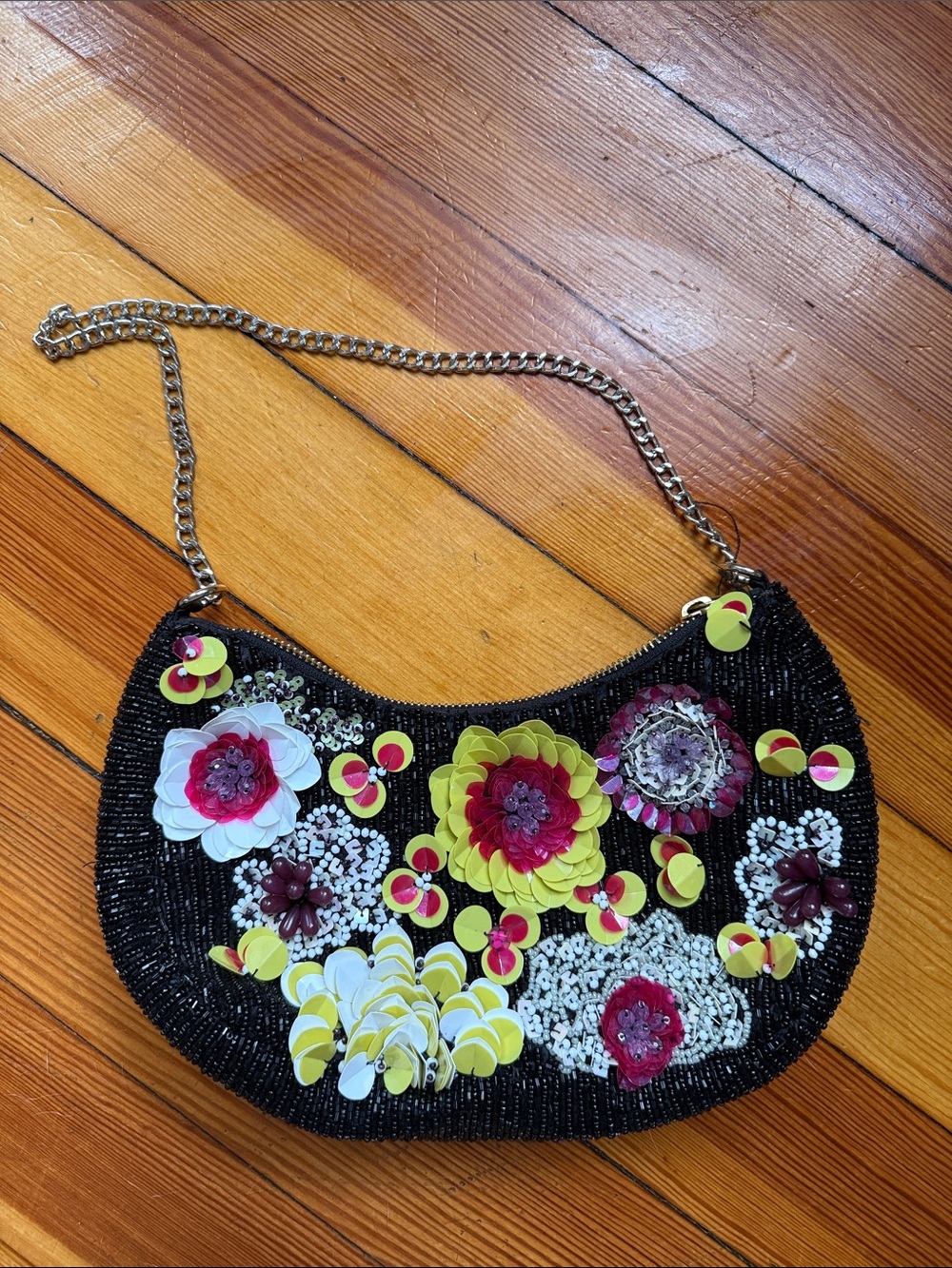 Beaded Black Floral Appliqué Shoulder Bag